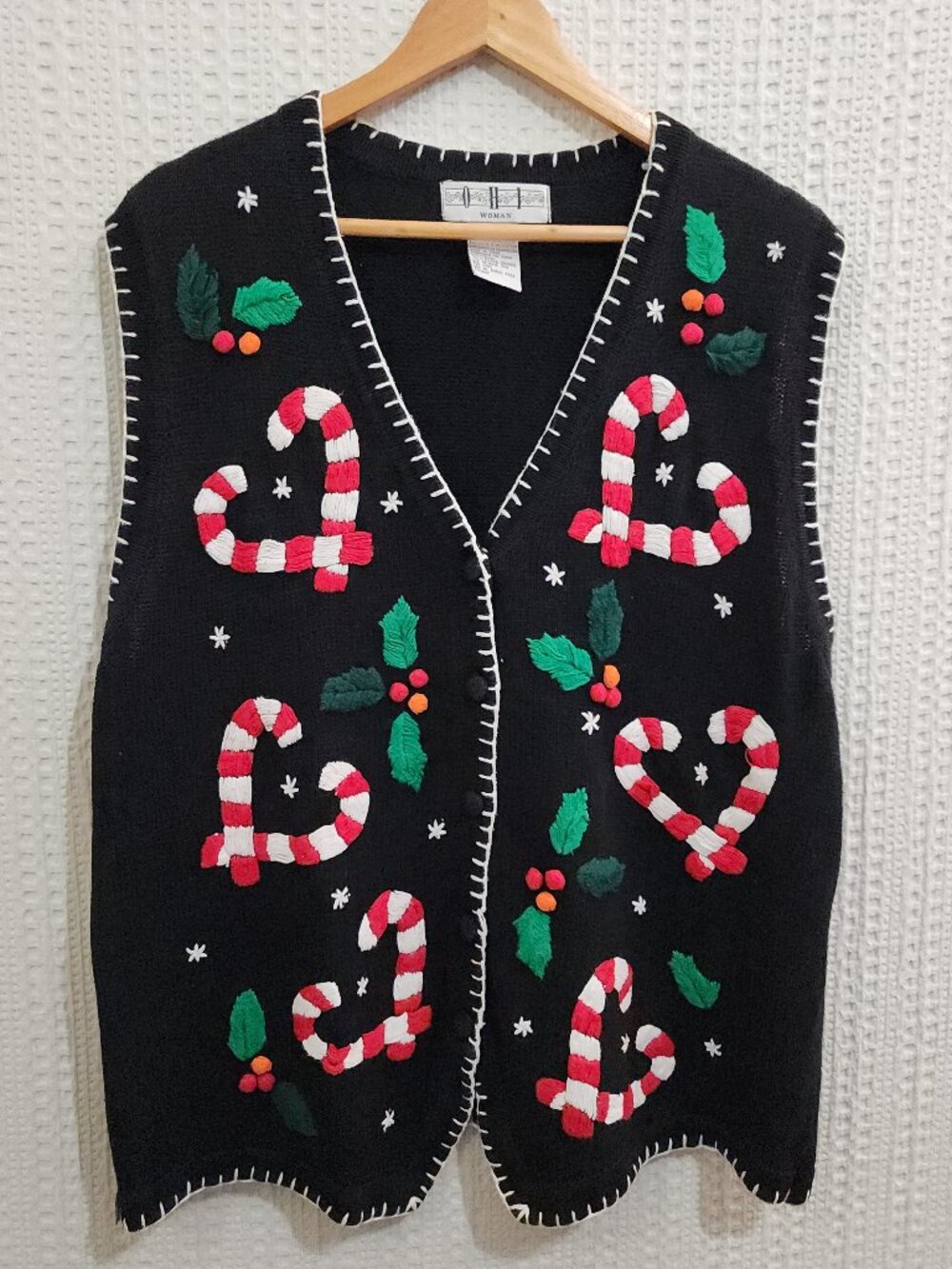 Vintage OHI Women Plus Suze Black Embroidered Candy Cane Sweater Vest 1X